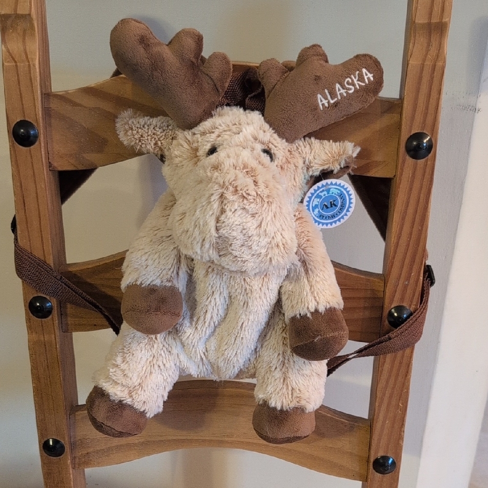 NWT AK Plush Co. Tan And Brown Moose Plush Backpack W/Adjustable Straps